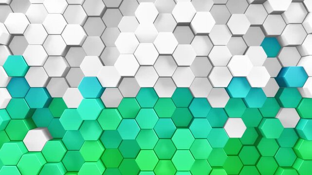 3d rendered patterned hex shapes background in white and a rainbow of color. Abstract backgrounds of hexagonal patterns in a spectrum of looping colors. Collage of hexagons in smooth loop movement.