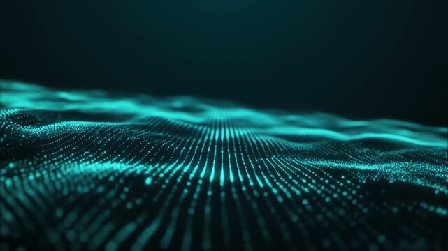 Abstract digital landscape with turquoise particle grid, glowing waveforms, and flowing depth today