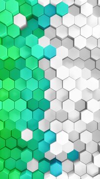 3d rendered patterned hex shapes background in white and a rainbow of color. Abstract backgrounds of hexagonal patterns in a spectrum of looping colors. Collage of hexagons in smooth loop movement.