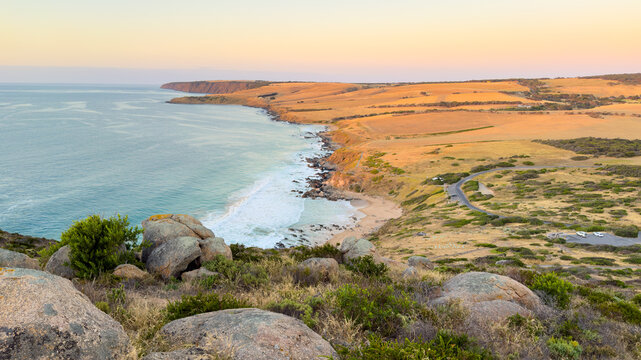 Sunrise light over beautiful Encounter Bay on the Fleurieu Peninsula in South Australia