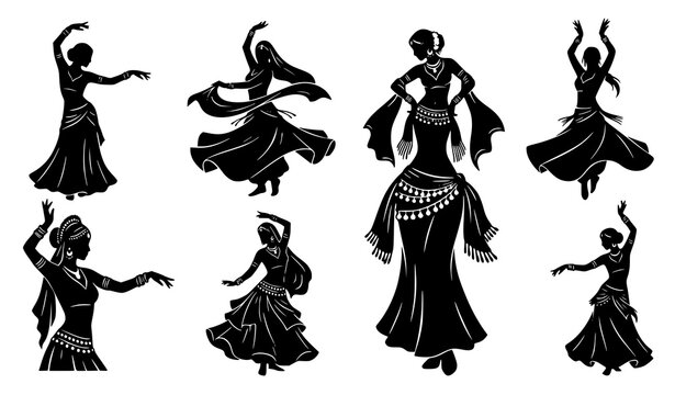 Belly dancer and oriental dance silhouette vector icon set