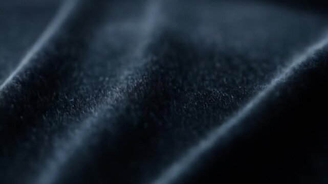Closeup shot of a textured navy fabric exhibiting folds and uneven lighting which accentuates the materials soft and velvety appearance