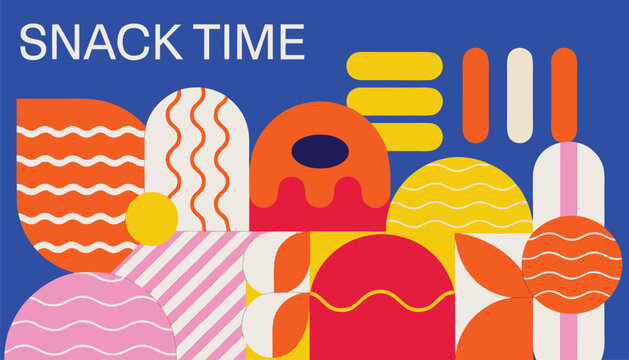 Abstract graphic illustration featuring colorful geometric snack time food shapes