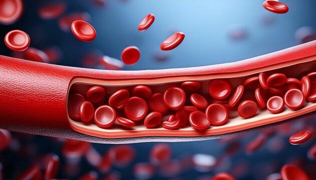 detailed visualization of blood vessel interior showing red blood cells flowing through capillaries and veins