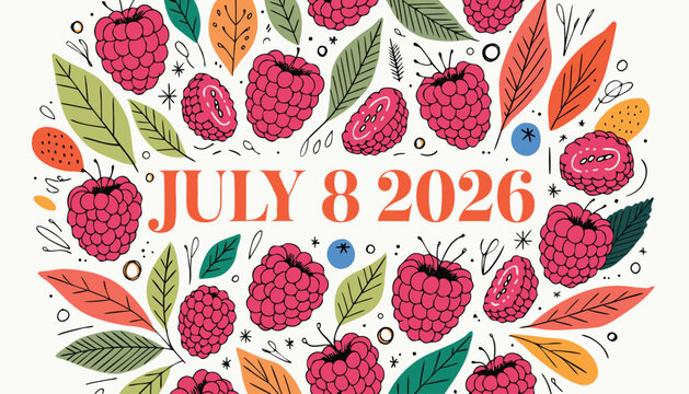 Decorative calendar date featuring vibrant hand drawn raspberries and leaves