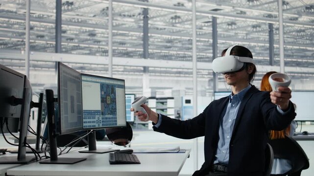 Engineer using VR technology to optimize microchip production in factory R&D workspace, tech expert in office using virtual reality headset to improve semiconductor processing efficiency.