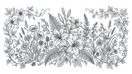Fototapeta premium Hand-Drawn Botanical Illustration: Elegant Floral Arrangement with Leaves and Vines