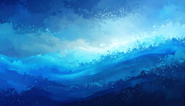 Abstract pixel art of stormy ocean waves in deep blue and turquoise gradient tones, digital glitch aesthetic texture