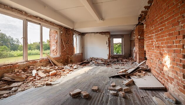 interior of a destroyed home with debris scattered bricks and exposed walls in the aftermath of renovation or natural disaster