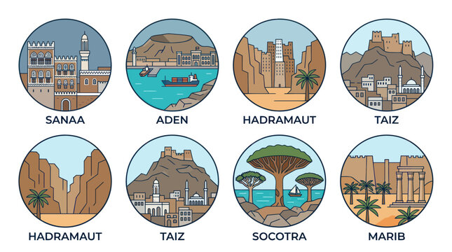 Yemen Cities and Landmarks Collection: Sanaa, Aden, Hadramaut, Taiz, Socotra, Marib