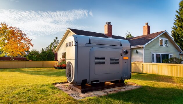 a home standby generator installed at the backyard of a house an air cooled natural gas or liquid propane generator for residential use