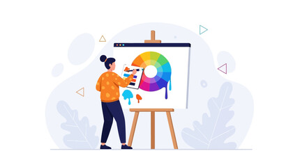 Fototapeta premium Graphic designer working on a digital painting with color wheel on a canvas, vector illustration