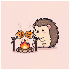 Naklejka premium Hedgehog roasting pumpkin on stick.