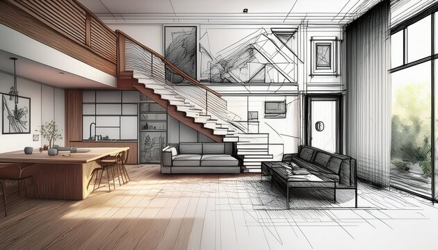 architectural renovation sketch home interior with stairs and living room