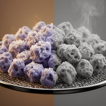 Macro close up side by side comparison of amine functionalized solid sorbent beads showing moisture and carbon dioxide saturated crystals versus porous empty structures on a wire mesh tray for advance