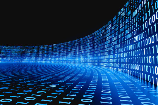 Curved stream of glowing binary digits representing digital data flow, abstract tech visualization.
