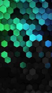3d rendered patterned hex shapes background in black and a rainbow of color. Abstract backgrounds of hexagonal patterns in dark looping colors. Collage of hexagons in a random smooth loop movement.