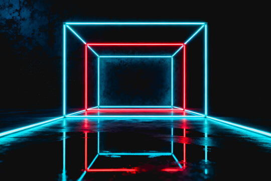 3D rendered neon cube frames in cyan and red, placed on a dark reflective surface in a dim interior space. 