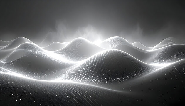 Abstract flowing waves of glowing digital dots, particle landscape in dark atmosphere, data visualization, network connectivity, futuristic technology