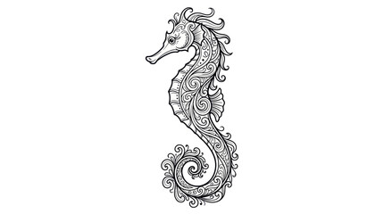 Ornate Seahorse Illustration, Intricate Swirls, Black and White Line Art © hakim