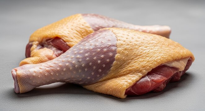 Premium raw duck legs with skin on, arranged artistically on a neutral background, highlighting fresh poultry texture for gourmet cooking, protein, butcher, farm