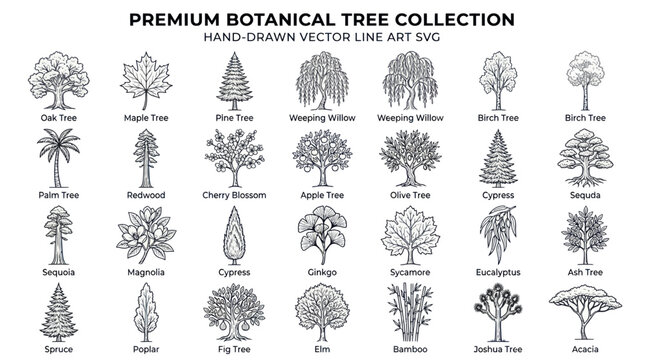 Premium Botanical Tree Collection: Hand-Drawn Vector Line Art SVG