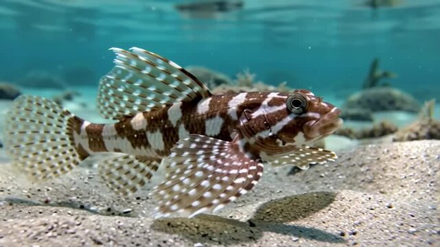 Australian animals A spotted fish with large pectoral fins rests on a sandy seabed, its patterned body blending with the underwater environment. Australian fauna