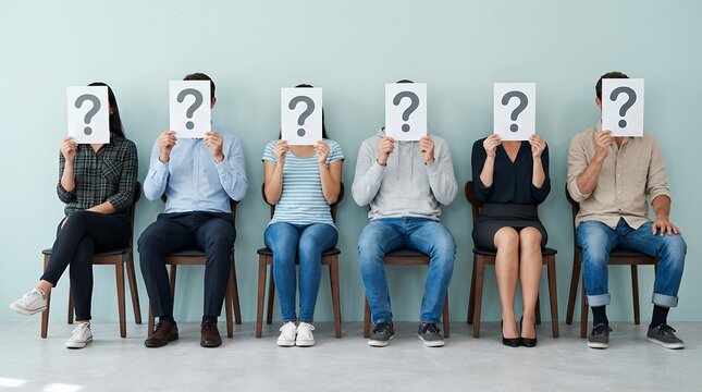 Six diverse people sitting in chairs holding white papers with large question marks obscuring their faces in a studio setting anonymity mystery unknown identity