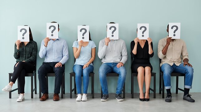 Six diverse individuals seated in a row each holding a piece of paper with a question mark obscuring their faces symbolizing uncertainty or anonymity 171 unknown mystery choice