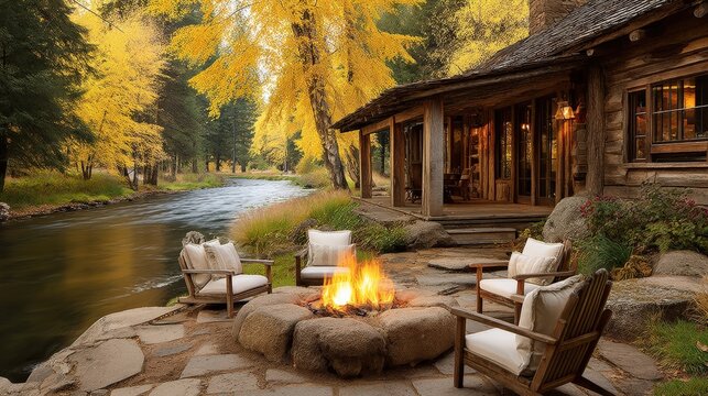 Cozy log cabin retreat by a flowing river amidst vibrant autumn foliage with a warm outdoor fire pit and seating