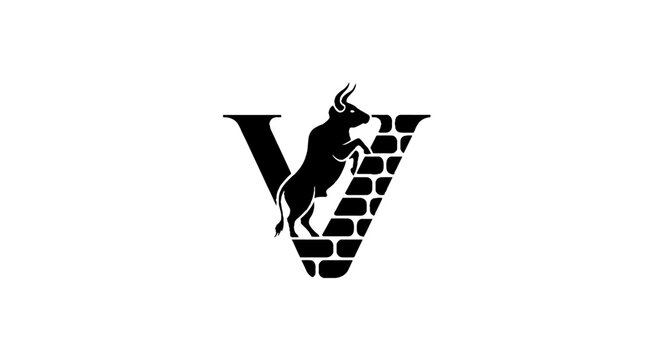 Black and white bull logo with brick pattern design.