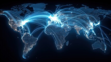 Obraz premium Global Network Connectivity Illustrating Worldwide Digital Connections and Data Flow Across Continents