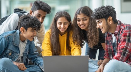 Fototapeta premium Diverse group of young students collaborating happily on a laptop computer indoors