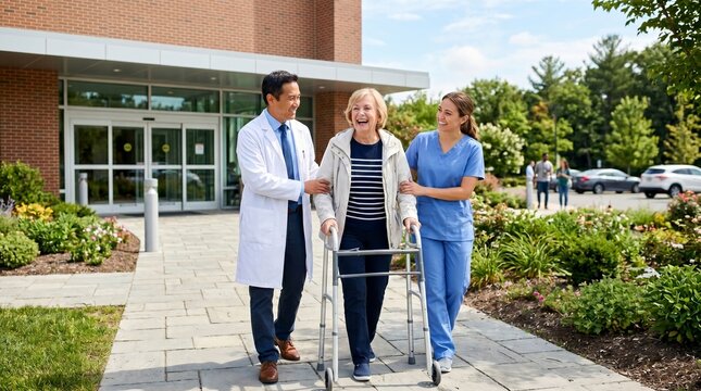 Cheerful Elderly Woman Patient Walking With Medical Walker Frame Outside Hospital Entrance Accompanied By Friendly Male Doctor And Female Nurse Professional Rehabilitation And Care Concept