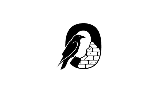 Black bird perched on brick wall silhouette logo.