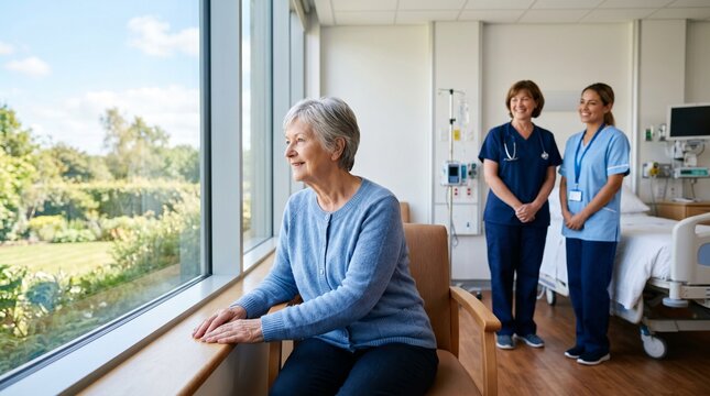 Happy Elderly Woman Patient Sitting In Chair Looking Out Large Window While Two Female Nurses Standing Near Bed Providing Care In Modern Hospital Ward Room Healthcare Service Concept