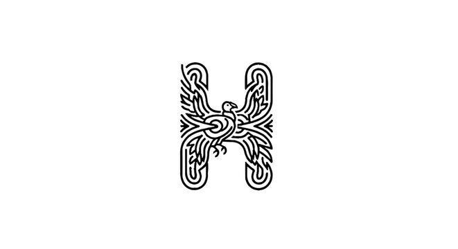 Intricate black and white letter H with ornate design.