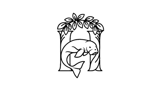 Manatee illustration with floral arch design.