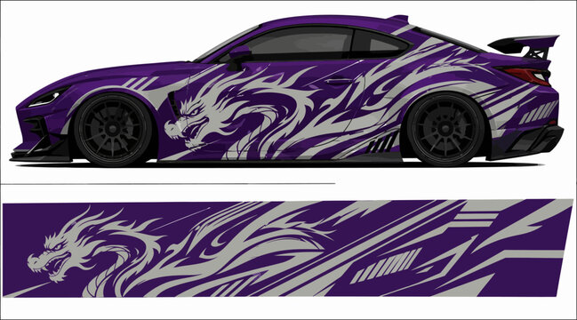 Purple sports car with flame design.