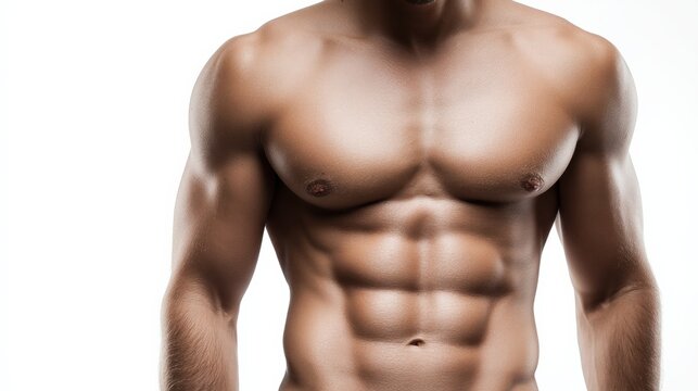 Close-up of a Muscular Man's Ripped Six-Pack Abs and Chest on White Background