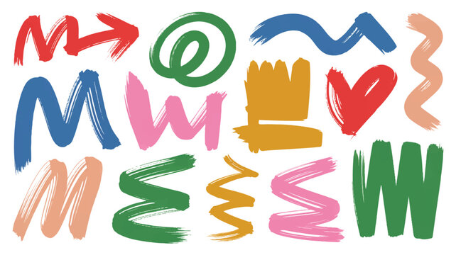 Abstract collection of multicolored hand-drawn brush strokes, swirls, and geometric scribbles on white background