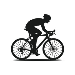 Naklejka premium A clean, minimalist black silhouette of a competitive cyclist riding a road bike, isolated on a plain white background for versatile design usage.