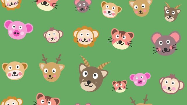 Cute cartoon animal faces seamless pattern on green background animation for hand-drawn wild and nature farm wallpaper. Seamless looping.