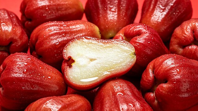 Fresh Red Wax Apples with Water Drops and Cut Fruit Close Up