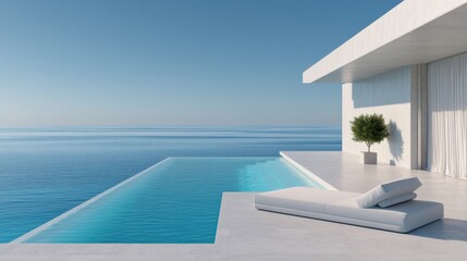 Fototapeta premium Modern Luxury Villa with Infinity Pool Overlooking Serene Ocean Horizon, Ideal for Travel and Real Estate