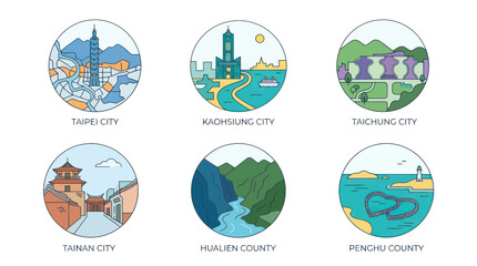 Naklejka premium Taiwanese Cities and Counties Landmarks Collection - Flat Design Icons