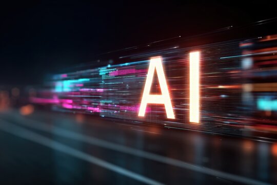 Abstract glowing AI text over a futuristic digital data stream with vibrant neon lights