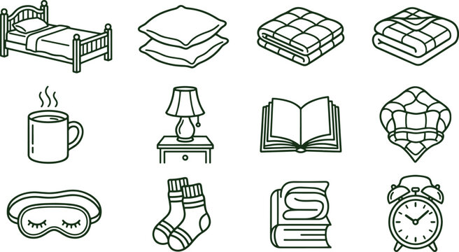 Set of cozy bedroom and sleep featuring a bed, pillows, a quilt, a blanket, a tea mug, a table lamp, a book, socks and a sleep eye mask