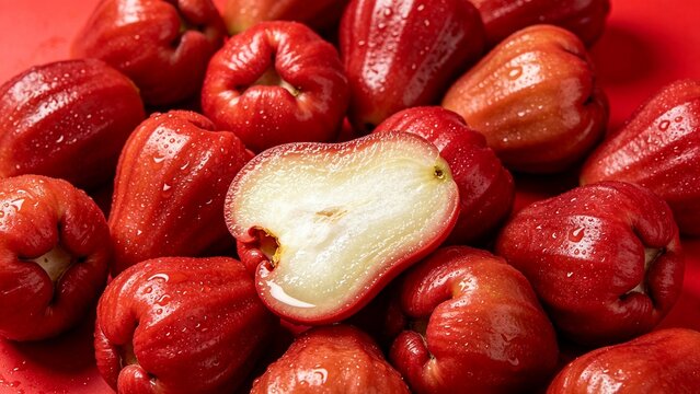 Pile of Tropical Wax Apples with Halved Fruit Close Up on Vibrant Red Background