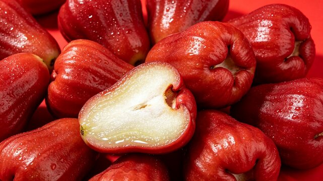 Fresh Red Wax Apples with One Cut Open on Red Background Tropical Fruit Close Up